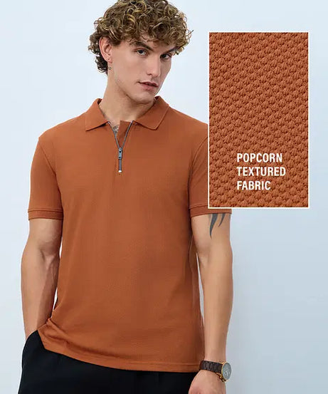 Textured Polo Burnt Orange Zipper Polos