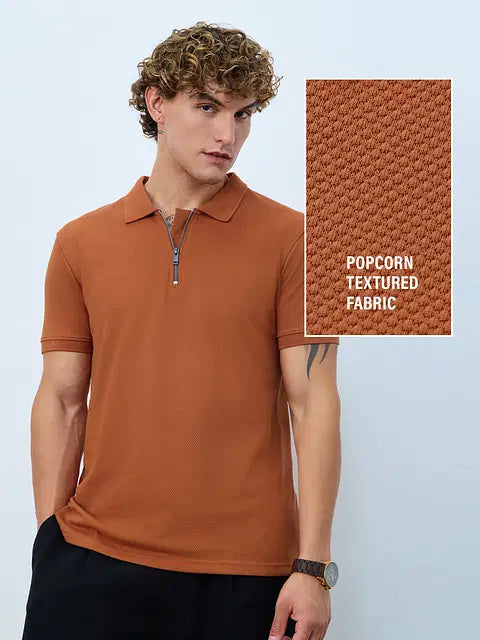 Textured Polo Burnt Orange Zipper Polos
