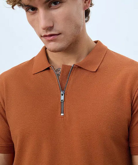Textured Polo Burnt Orange Zipper Polos