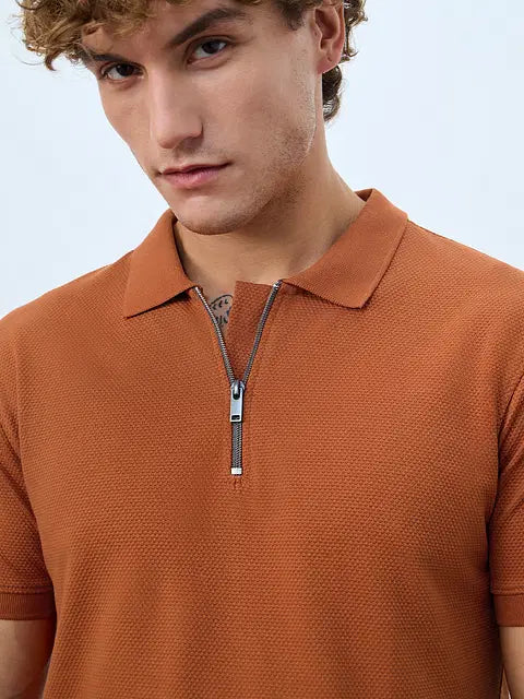 Textured Polo Burnt Orange Zipper Polos