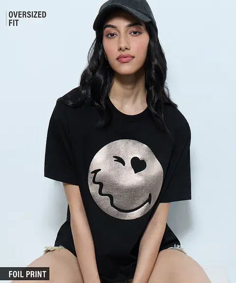 Smiley Glitter Getter Women Oversized T-Shirts