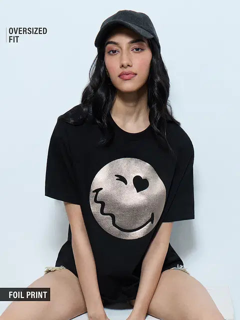 Smiley Glitter Getter Women Oversized T-Shirts