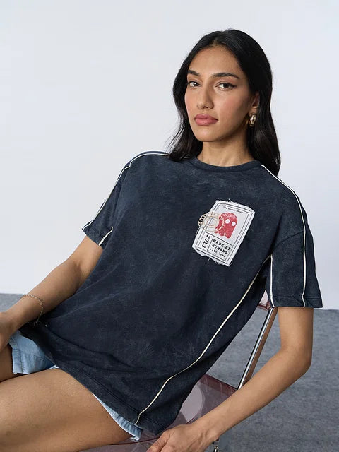 Souled Originals Washed Navy Women Oversized T-Shirts