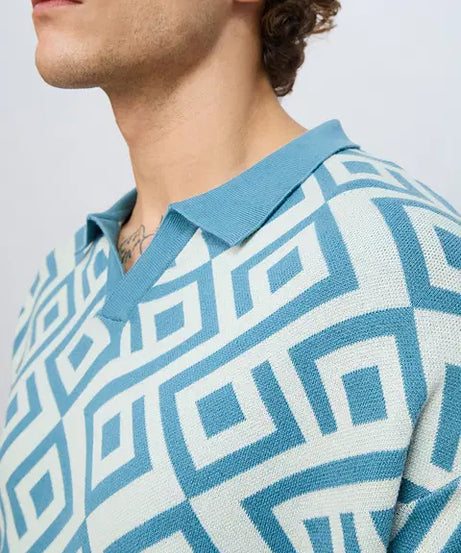 Jacquard Blue Retro Oversized Polos