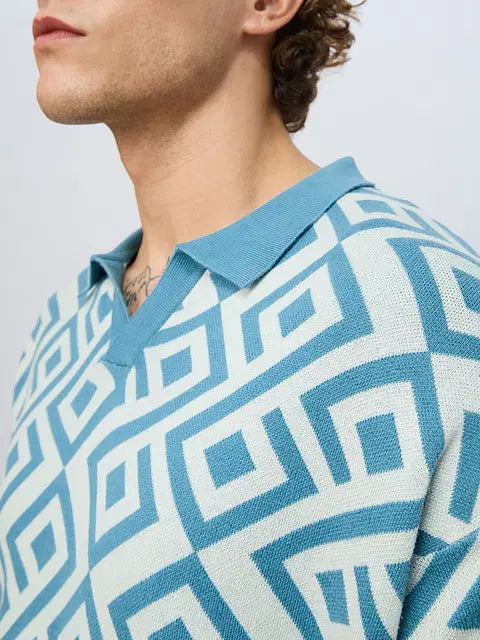 Jacquard Blue Retro Oversized Polos