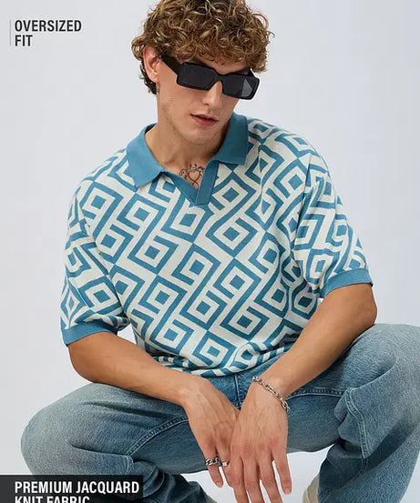 Jacquard Blue Retro Oversized Polos