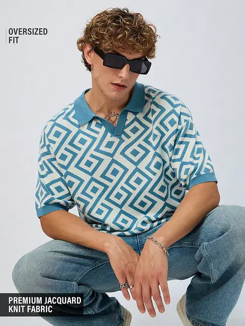 Jacquard Blue Retro Oversized Polos