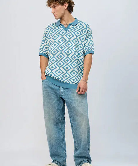 Jacquard Blue Retro Oversized Polos