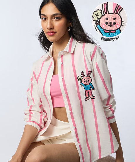 Pink Stripes Clover Bunny Women Boyfriend Shirts