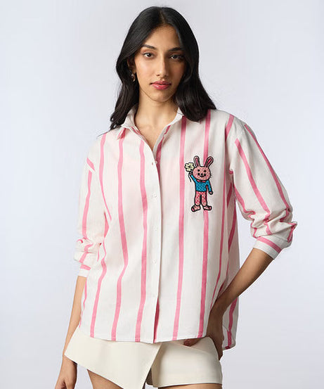 Pink Stripes Clover Bunny Women Boyfriend Shirts