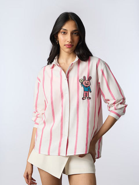 Pink Stripes Clover Bunny Women Boyfriend Shirts