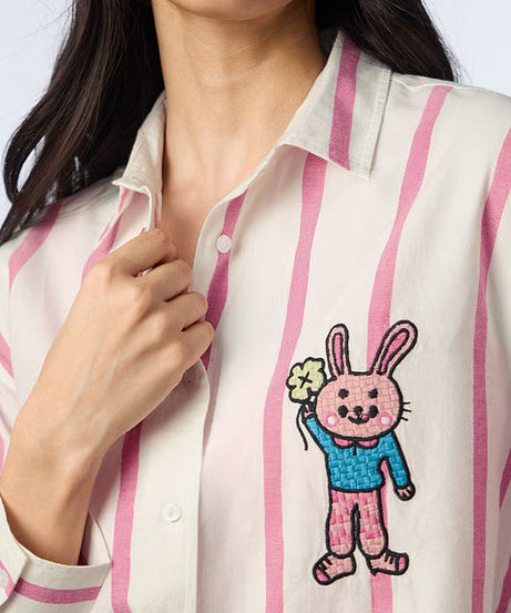 Pink Stripes Clover Bunny Women Boyfriend Shirts