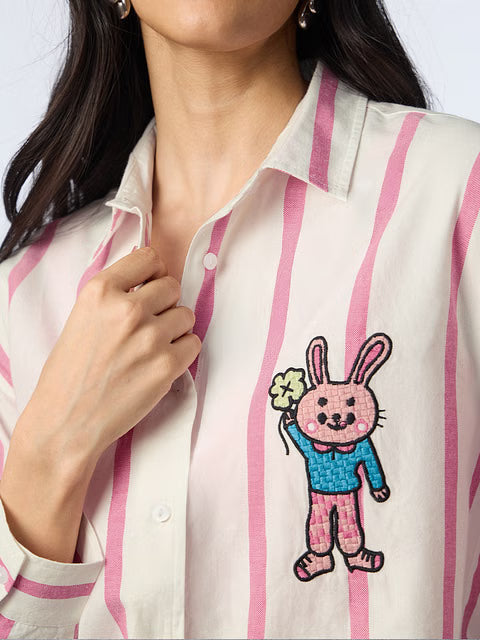 Pink Stripes Clover Bunny Women Boyfriend Shirts
