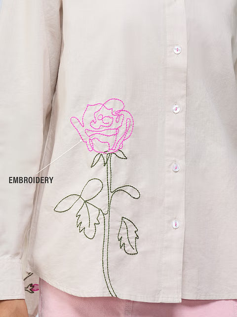 Cotton Linen Roses Women Boyfriend Shirts