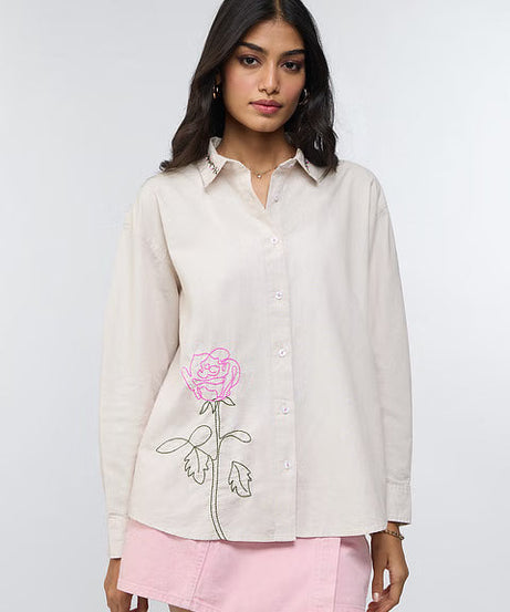 Cotton Linen Roses Women Boyfriend Shirts