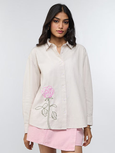 Cotton Linen Roses Women Boyfriend Shirts
