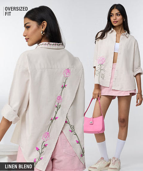 Cotton Linen Roses Women Boyfriend Shirts