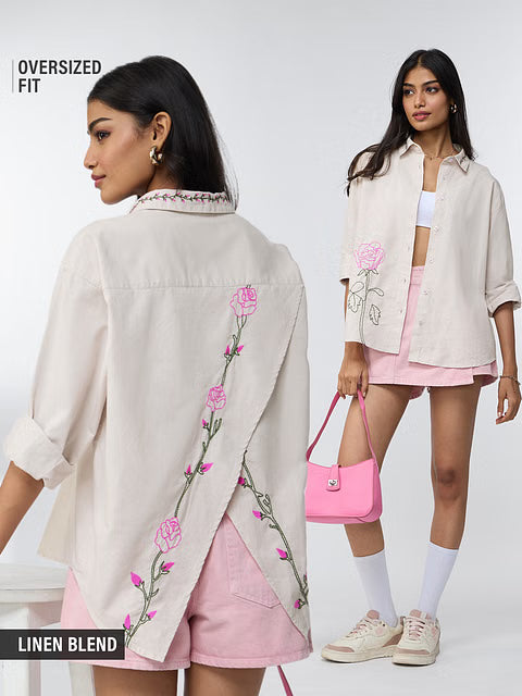Cotton Linen Roses Women Boyfriend Shirts