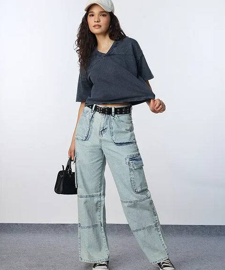 Acid Wash Tee Blue Women Oversized Cropped T-Shirts