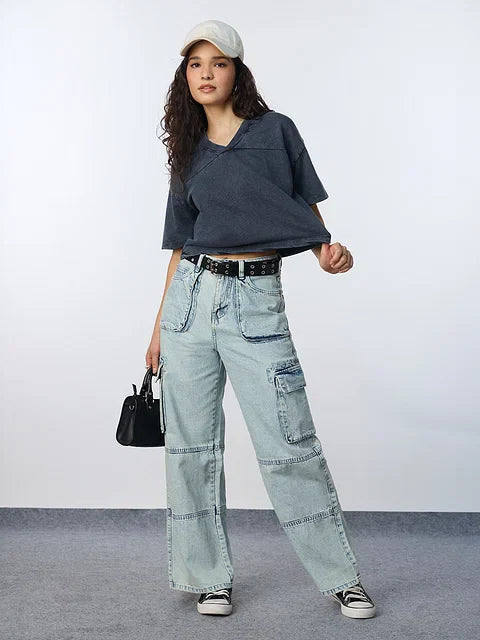 Acid Wash Tee Blue Women Oversized Cropped T-Shirts