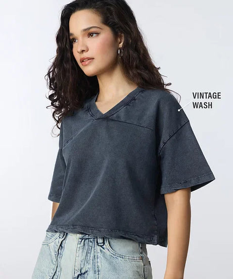 Acid Wash Tee Blue Women Oversized Cropped T-Shirts