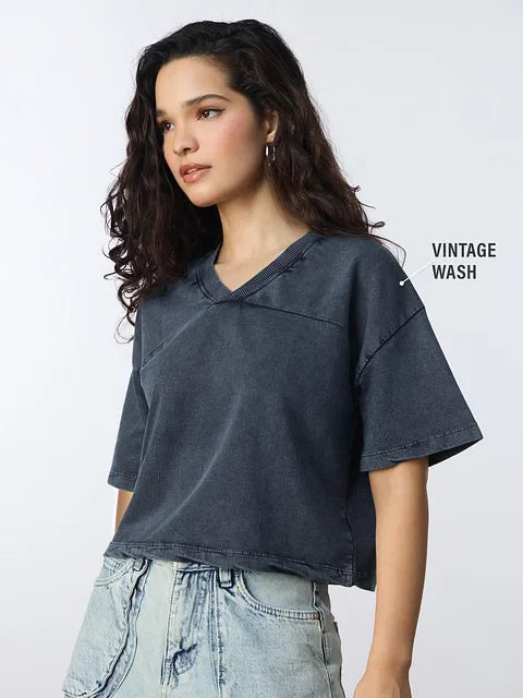 Acid Wash Tee Blue Women Oversized Cropped T-Shirts