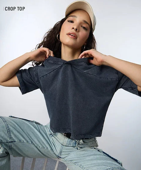 Acid Wash Tee Blue Women Oversized Cropped T-Shirts