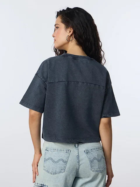 Acid Wash Tee Blue Women Oversized Cropped T-Shirts