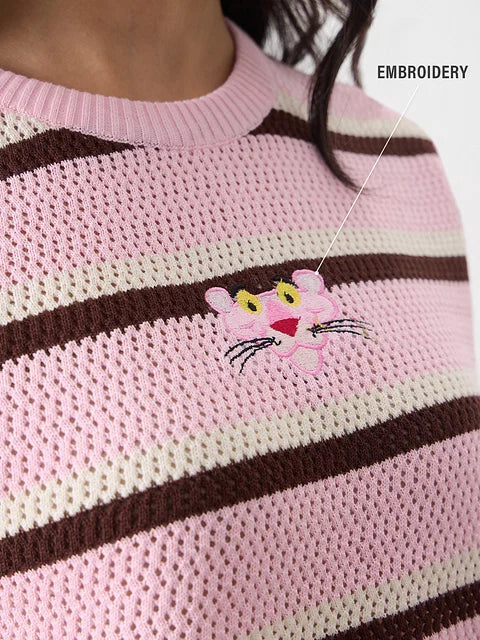 Open Knit T-Shirt Pink Panther Women Relaxed Fit