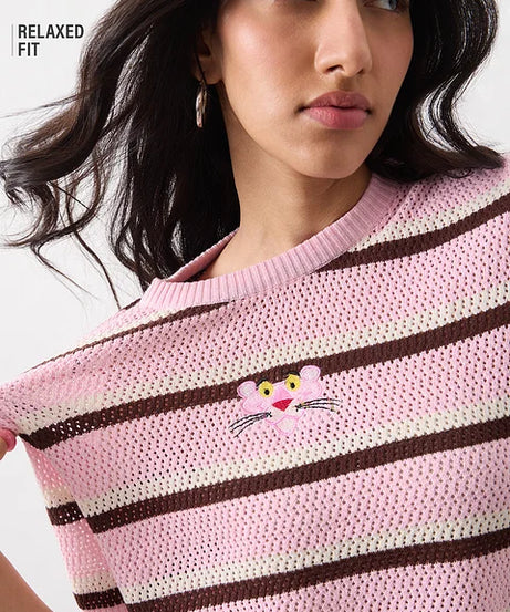 Open Knit T-Shirt Pink Panther Women Relaxed Fit