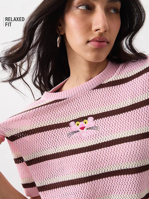 Open Knit T-Shirt Pink Panther Women Relaxed Fit
