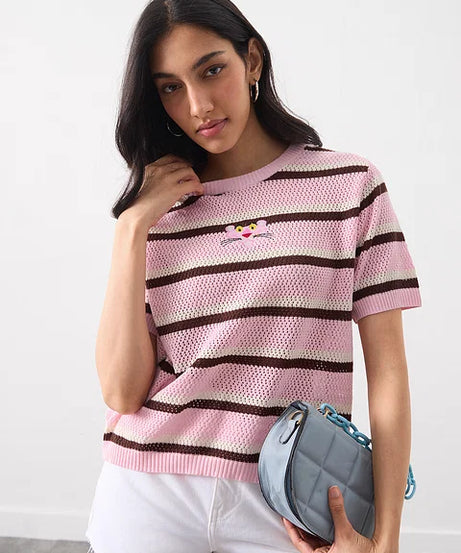 Open Knit T-Shirt Pink Panther Women Relaxed Fit