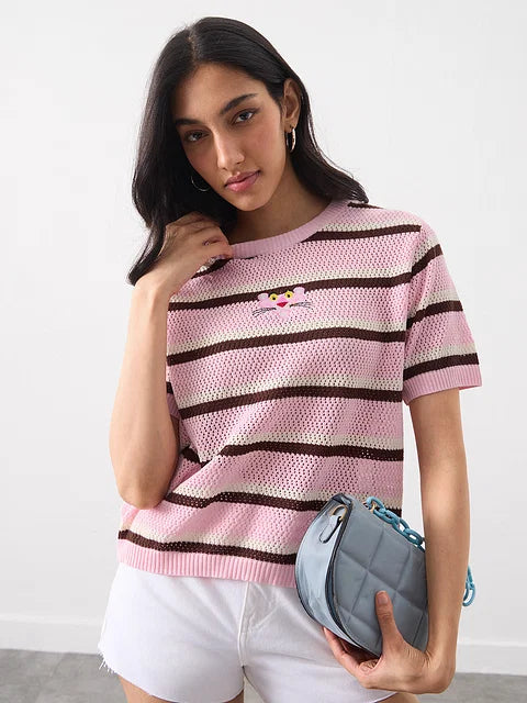 Open Knit T-Shirt Pink Panther Women Relaxed Fit
