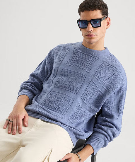 Jacquard Knit Indie Azure Oversized Pullovers