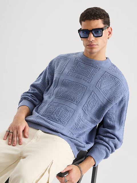 Jacquard Knit Indie Azure Oversized Pullovers