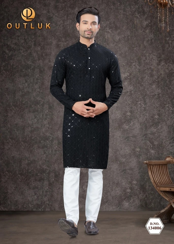 Traditional Wear Rayon Sifly Lakhnawi Kurta Pajama Set For Men's
