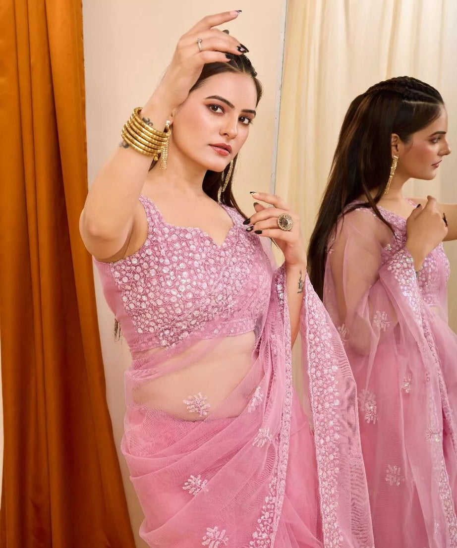 Soft Net  3MM Sequence Embroidery Work Saree & Blouse