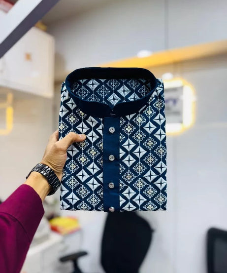 Soft Silk With White Embroidery Thread Work Kurta Pajama Set For Men's