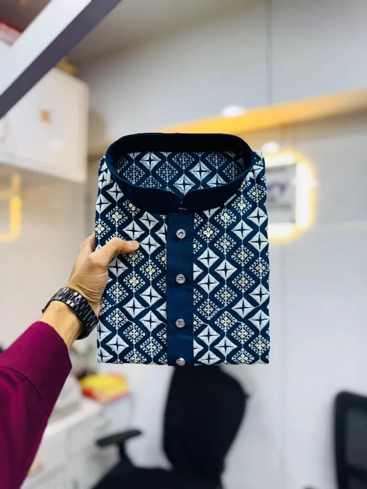 Soft Silk With White Embroidery Thread Work Kurta Pajama Set For Men's