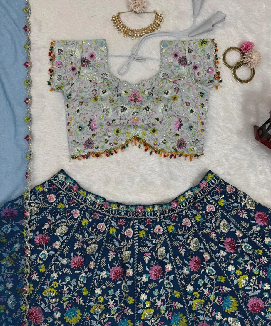 Georgette With Thread Sequence Work Lehenga Blouse & Dupatta
