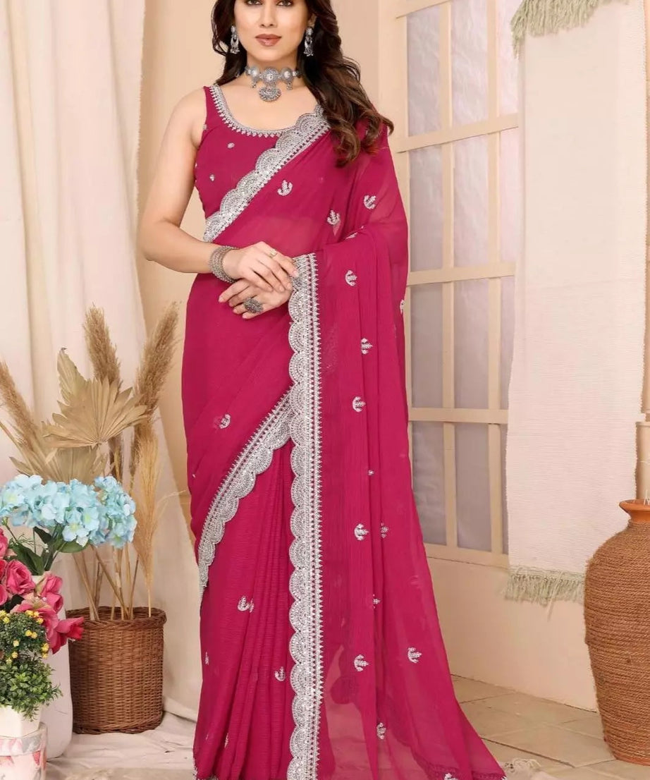 Traditional Party Zomato Chiffon Silk Saree, Wedding Bollywood Sari & Blouse