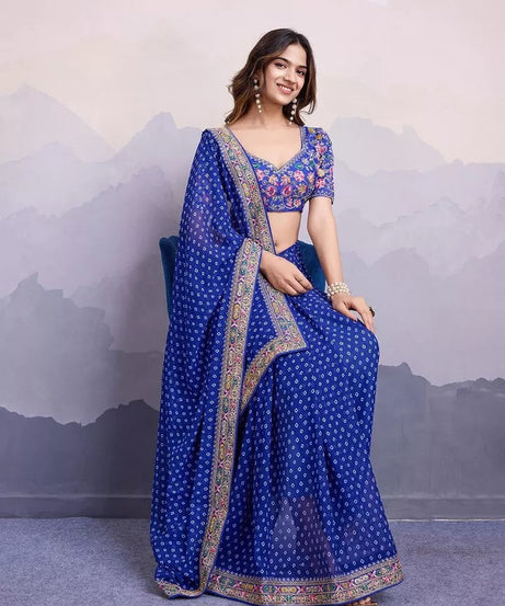 Georgette With Digital Print &Embroidery Work Sari With Blouse