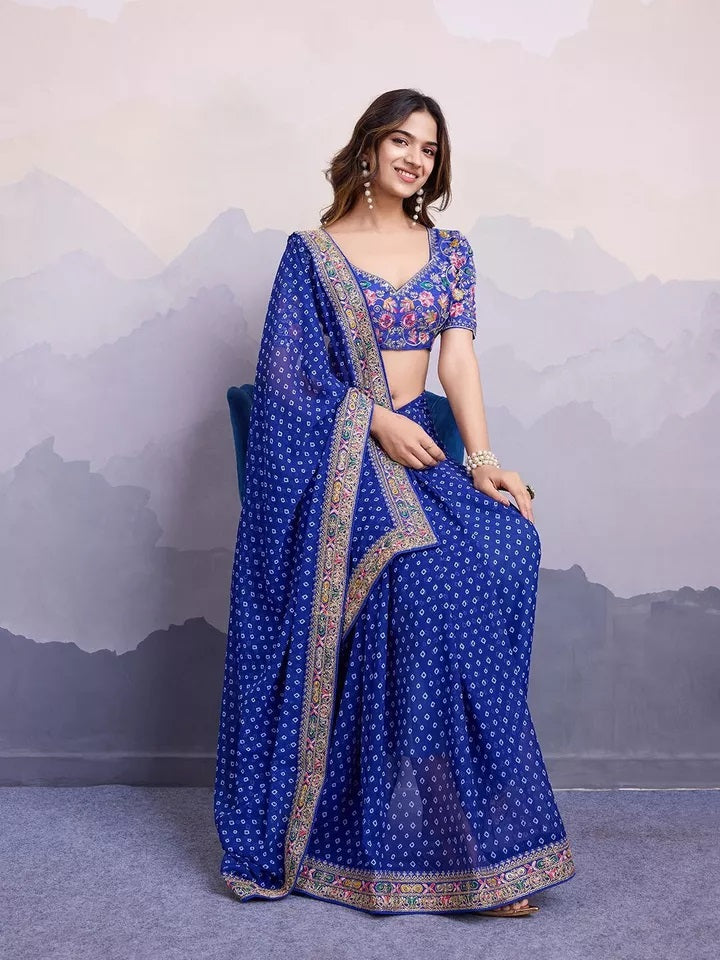 Georgette With Digital Print &Embroidery Work Sari With Blouse