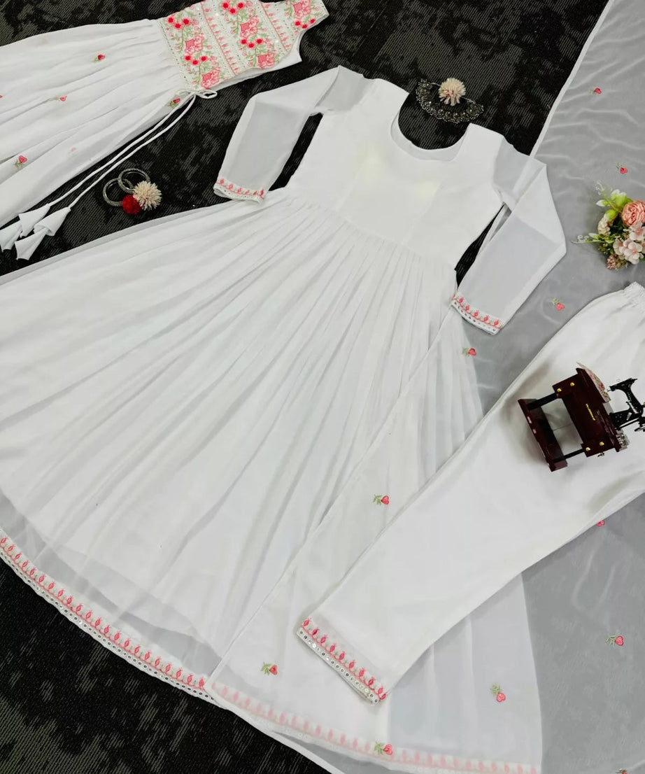 Faux Georgette Bollywood Full Stitched Kurti Shrug & Pant Dupatta