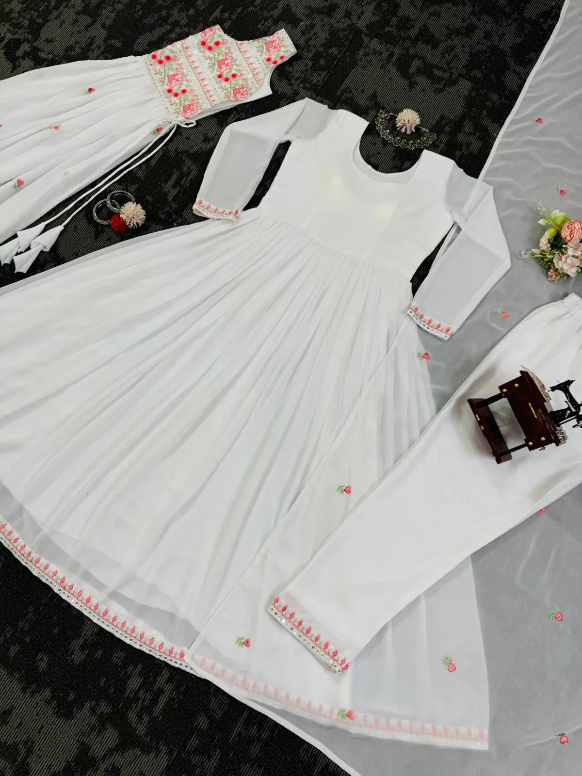 Faux Georgette Bollywood Full Stitched Kurti Shrug & Pant Dupatta