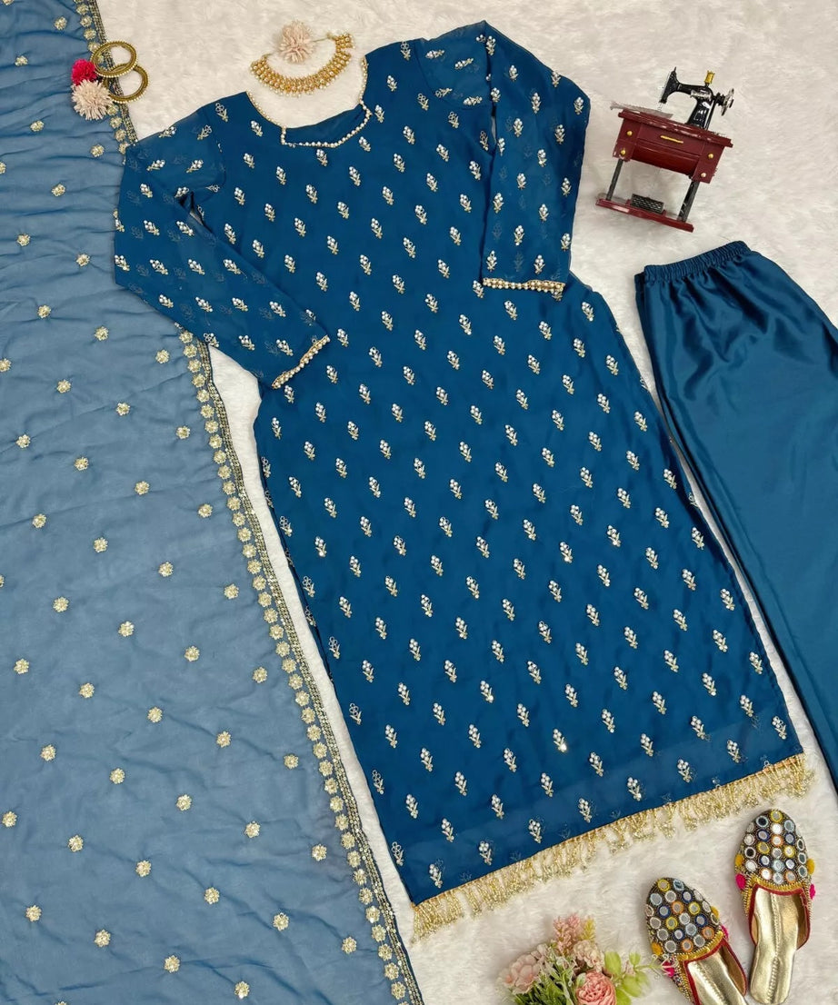 Traditional Fancy Wear Faux Georgette Top Pant With Dupatta