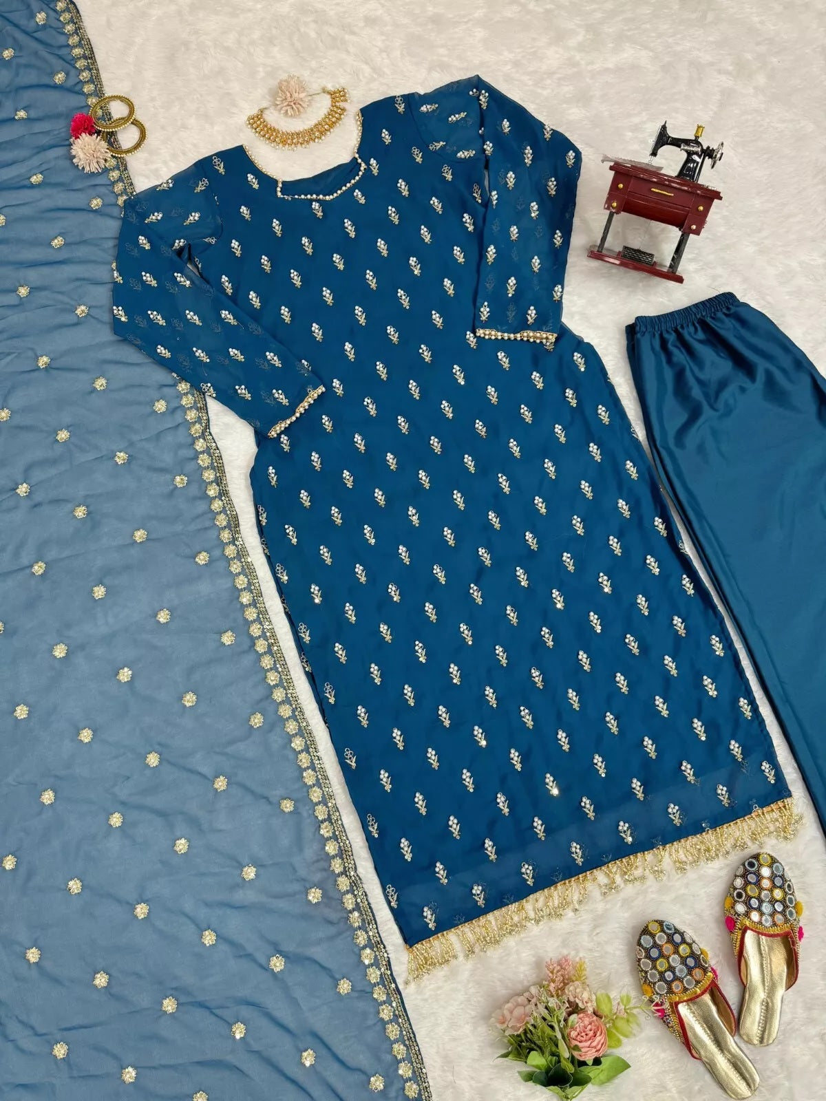 Traditional Fancy Wear Faux Georgette Top Pant With Dupatta