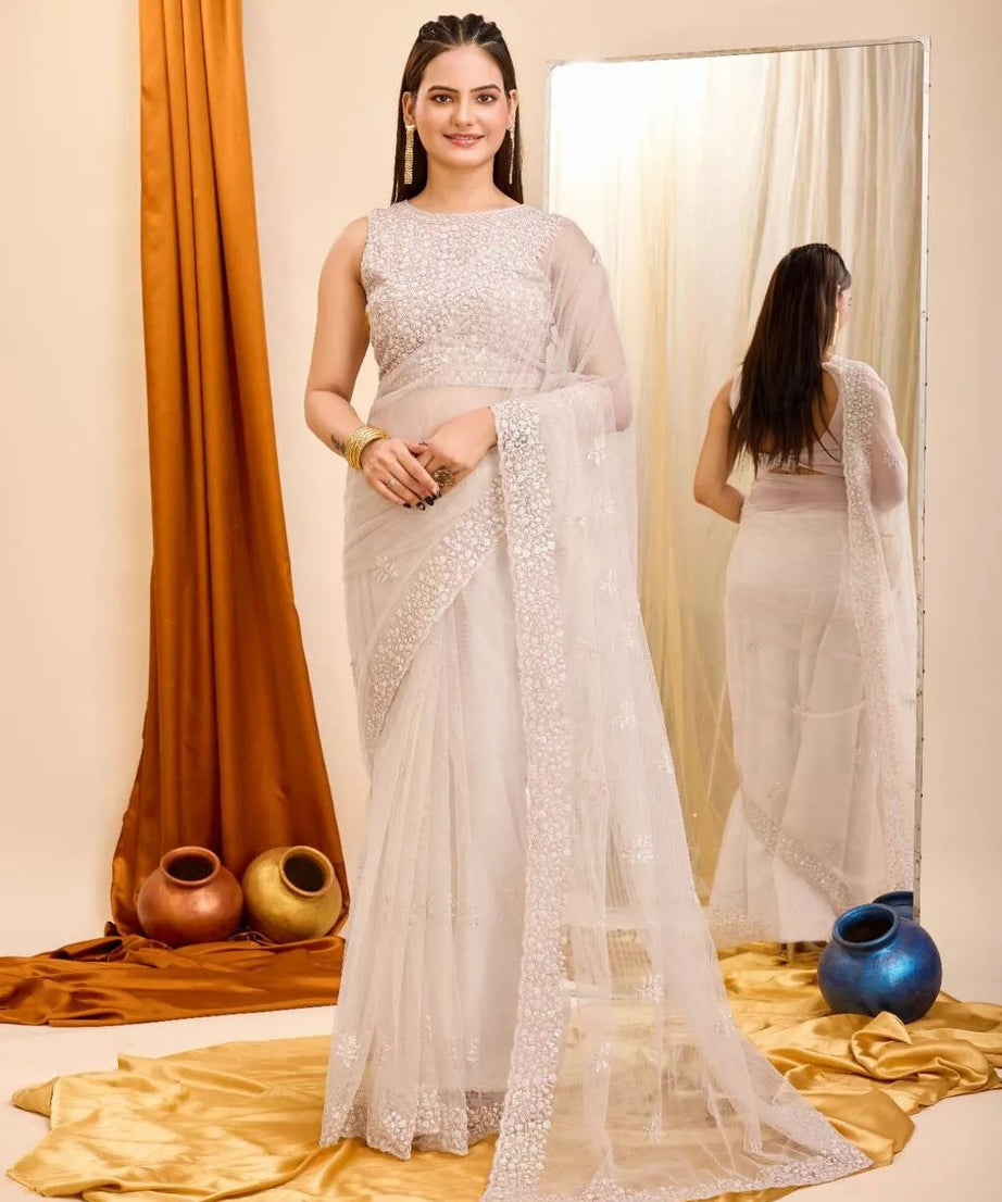 Soft Net  3MM Sequence Embroidery Work Saree & Blouse