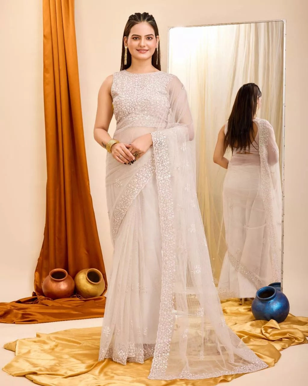 Soft Net  3MM Sequence Embroidery Work Saree & Blouse