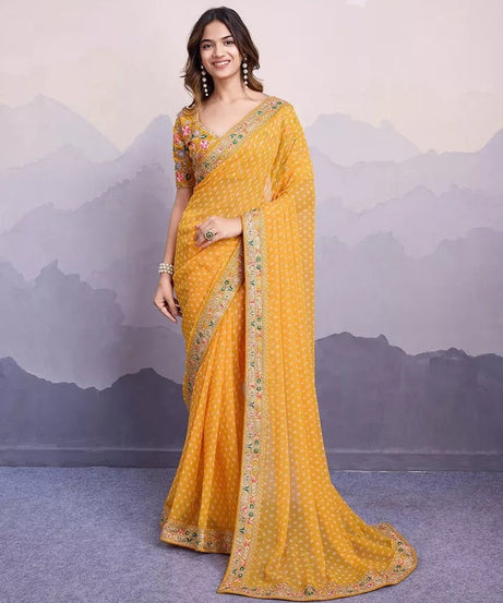 Georgette With Digital Print &Embroidery Work Sari With Blouse